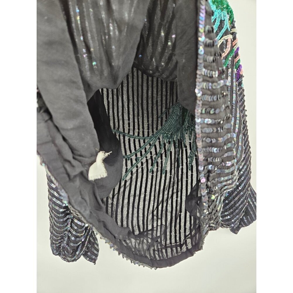 Vtg Cassis Peacock Bird Sequin Top Womens L Black Silk - Picture 6 of 6